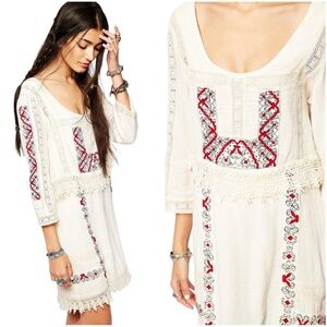 Free People Cream Embroidered Boho Lace Tunic Top Mini Dress Size Large